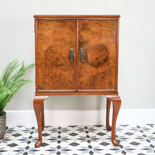 Cocktail Drinks Cabinet in a Queen Anne Style Burr Walnut Veneer Matched Doors