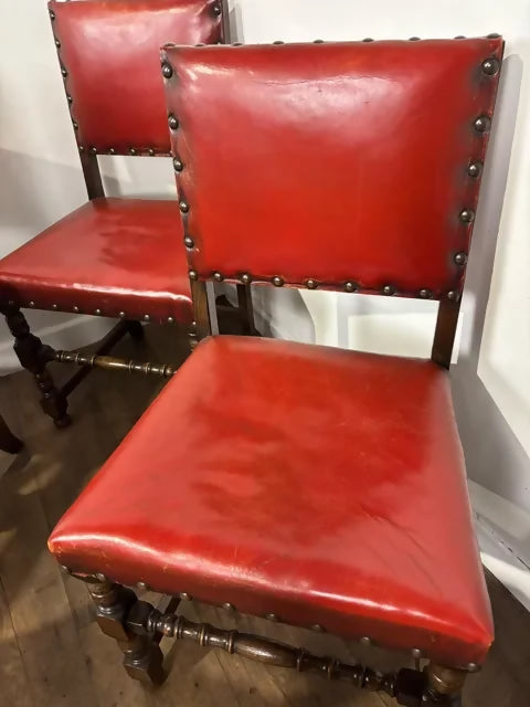 Vintage Set of Six Oak Framed Red Leather Dining Chairs