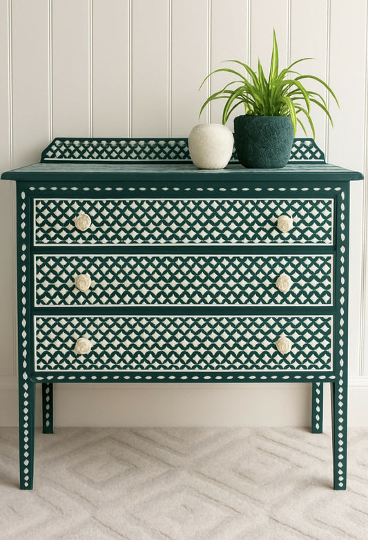 SOLD - Hand Painted Vintage Chest of Drawers: Hand-Stencilled Indian Inlay Inspired Furniture
