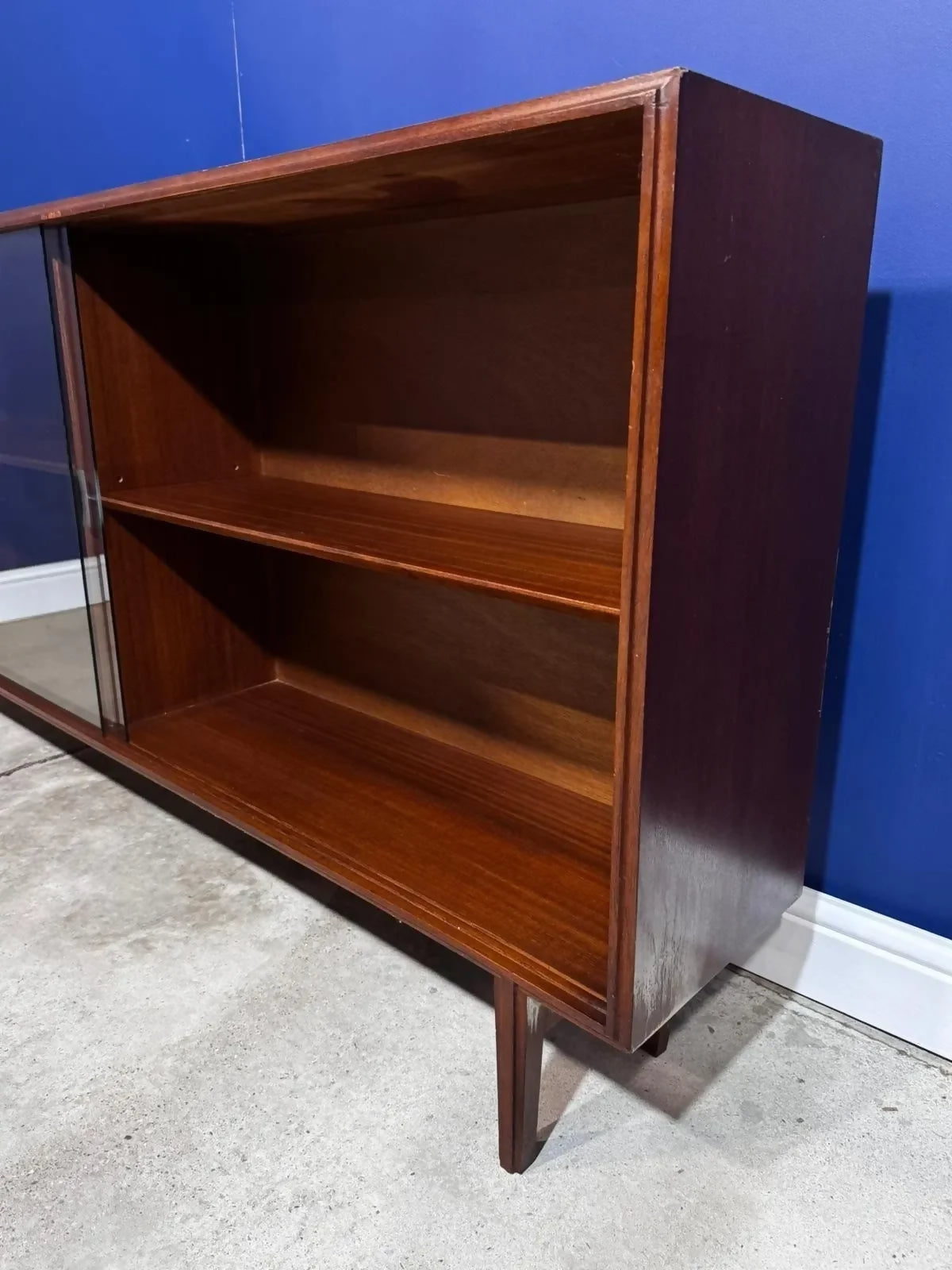 Vintage Glass Teak Display Bookcase Wide Teak Mid Century Glass Display Cabinet