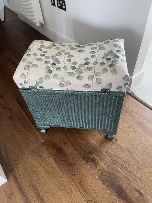 Mid century Lloyd loom style ottoman/padded storage stool. Green paint. Matching cotton top