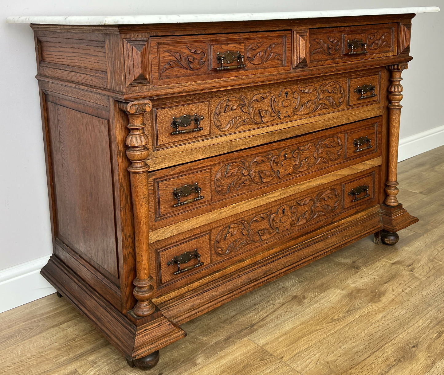 Chest of Drawers Antique French Style Oak Marble Top Carved Cabinet LOT 6450