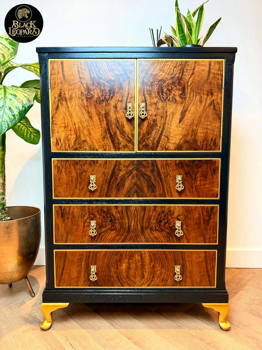 Gorgeous Vintage Tallboy Cabinet in Walnut Woodgrain and Florals (Drinks Cabinet/ Display/ Drawers/ Dresser/ Sideboard/ Art Deco)