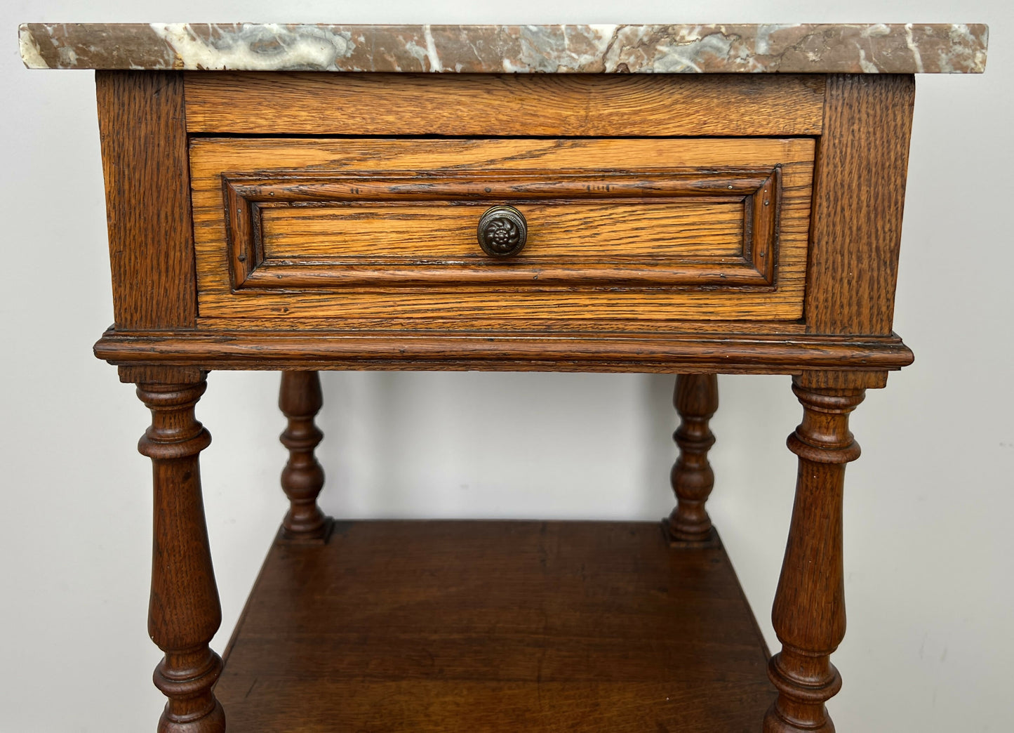 Bedside Table Antique French Style Marble Top Oak Cabinet Nightstand LOT 6243