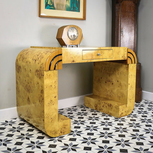 Art Deco Style Burlwood Console Table Desk or Dressing Table with Drawer