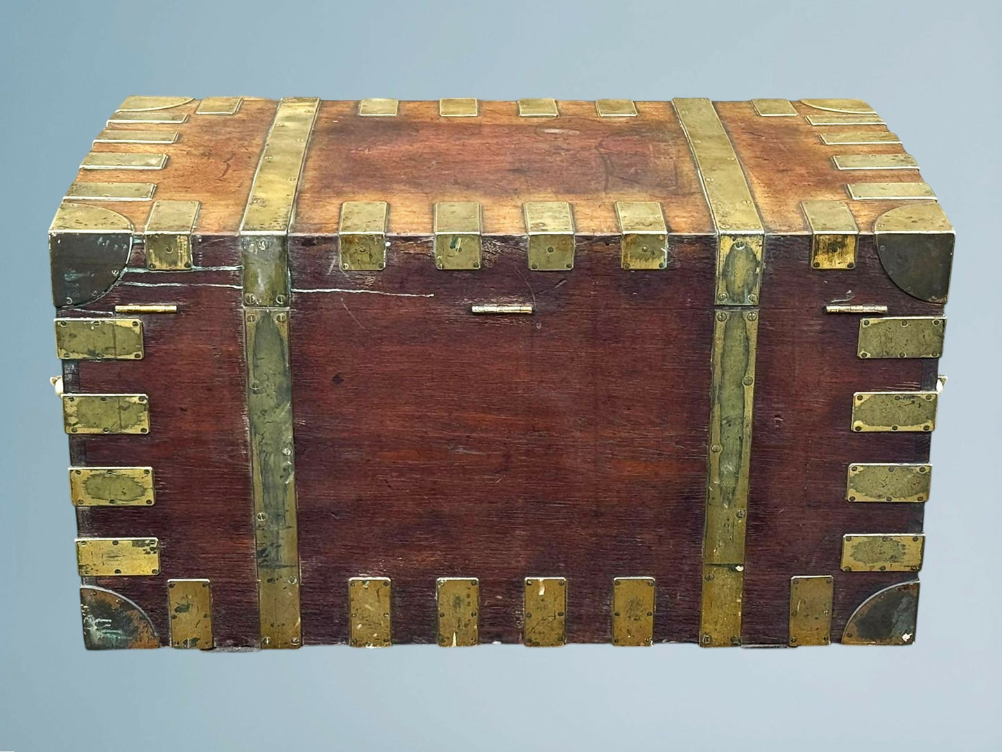 Large Antique Oak Brass Bound Silver or Plate Chest, Trunk