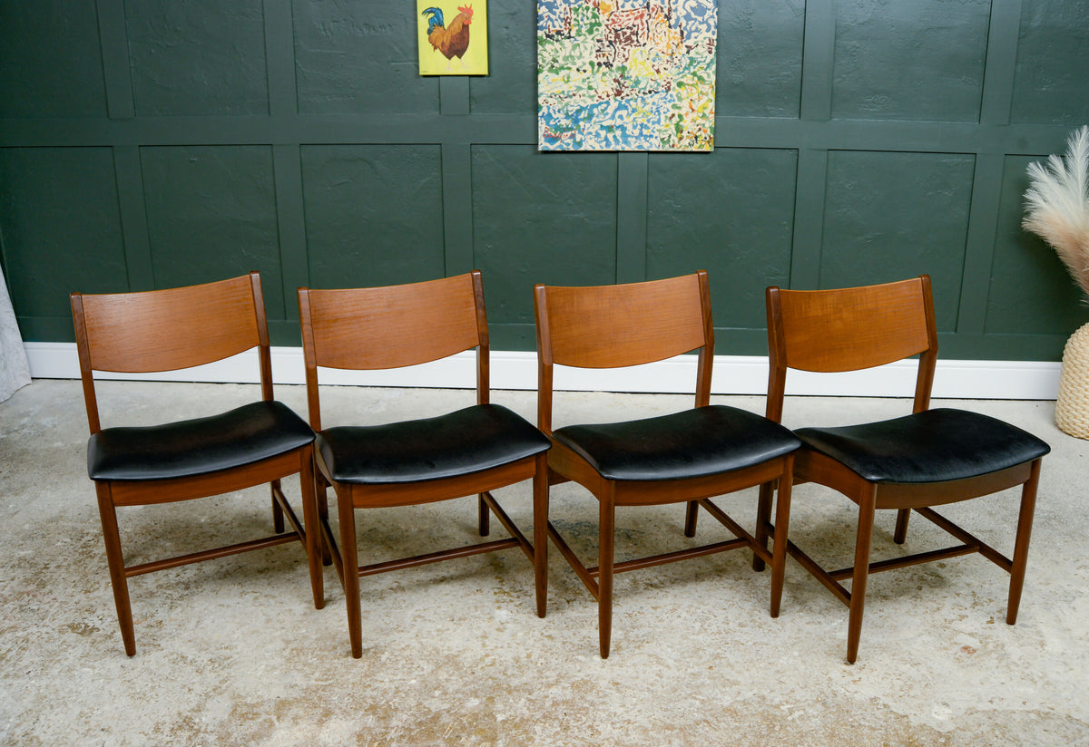 4 x Danish Teak Mid Century Dining Chairs with Black Seats -Glostrup Mobelfabrik