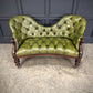 Vintage Victorian Green Buttoned Leather Double Spoon Back Sofa