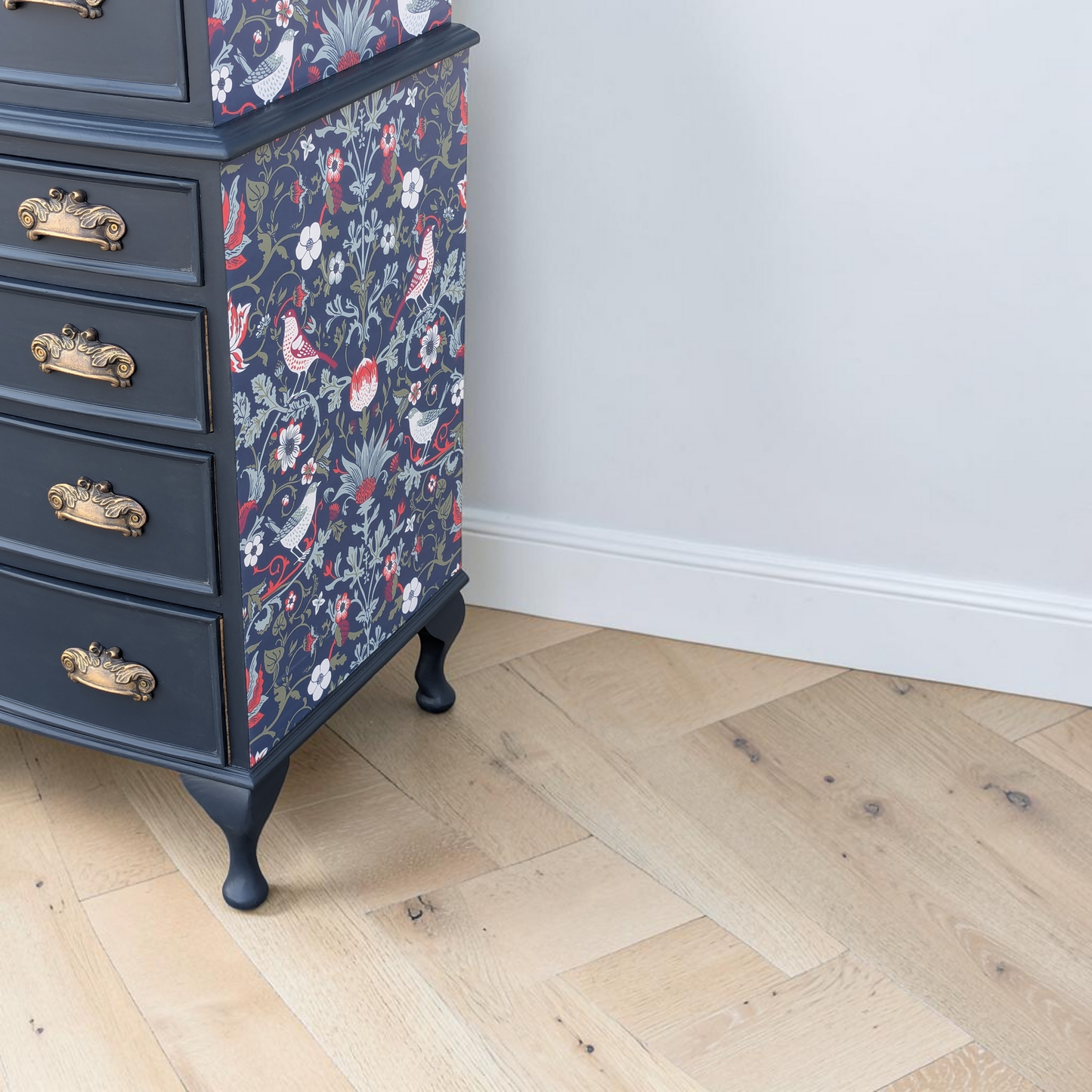Vintage navy blue chest of drawers William Morris decoupage tallboy