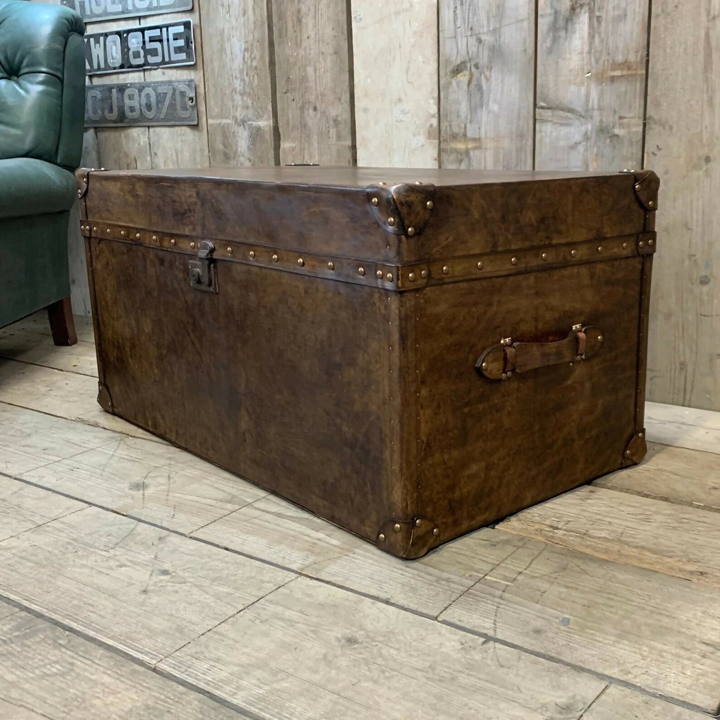 Antique Inspired English Leather Trunk Made In Nottingham England