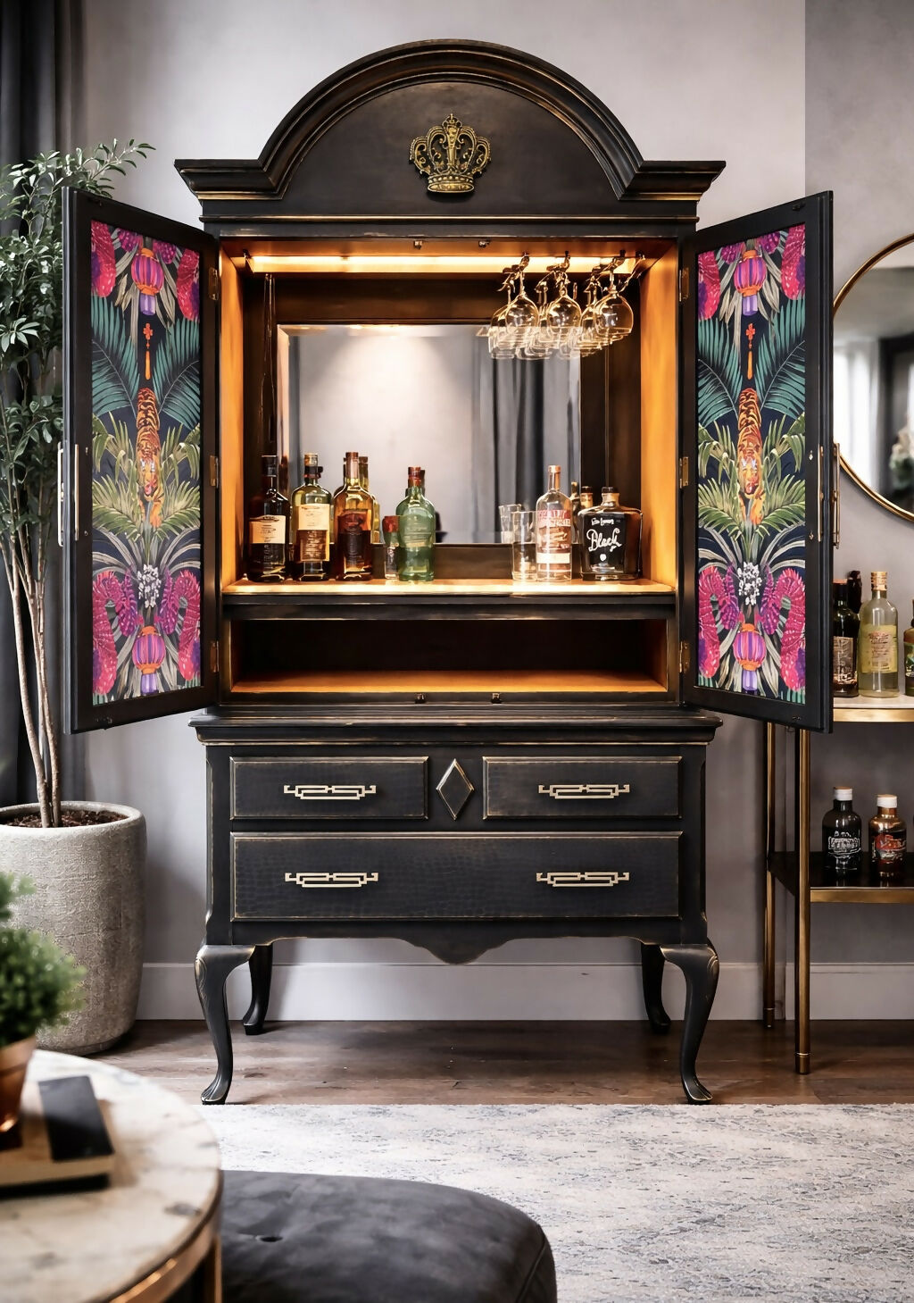 Black vintage look drinks/cocktail cabinet.