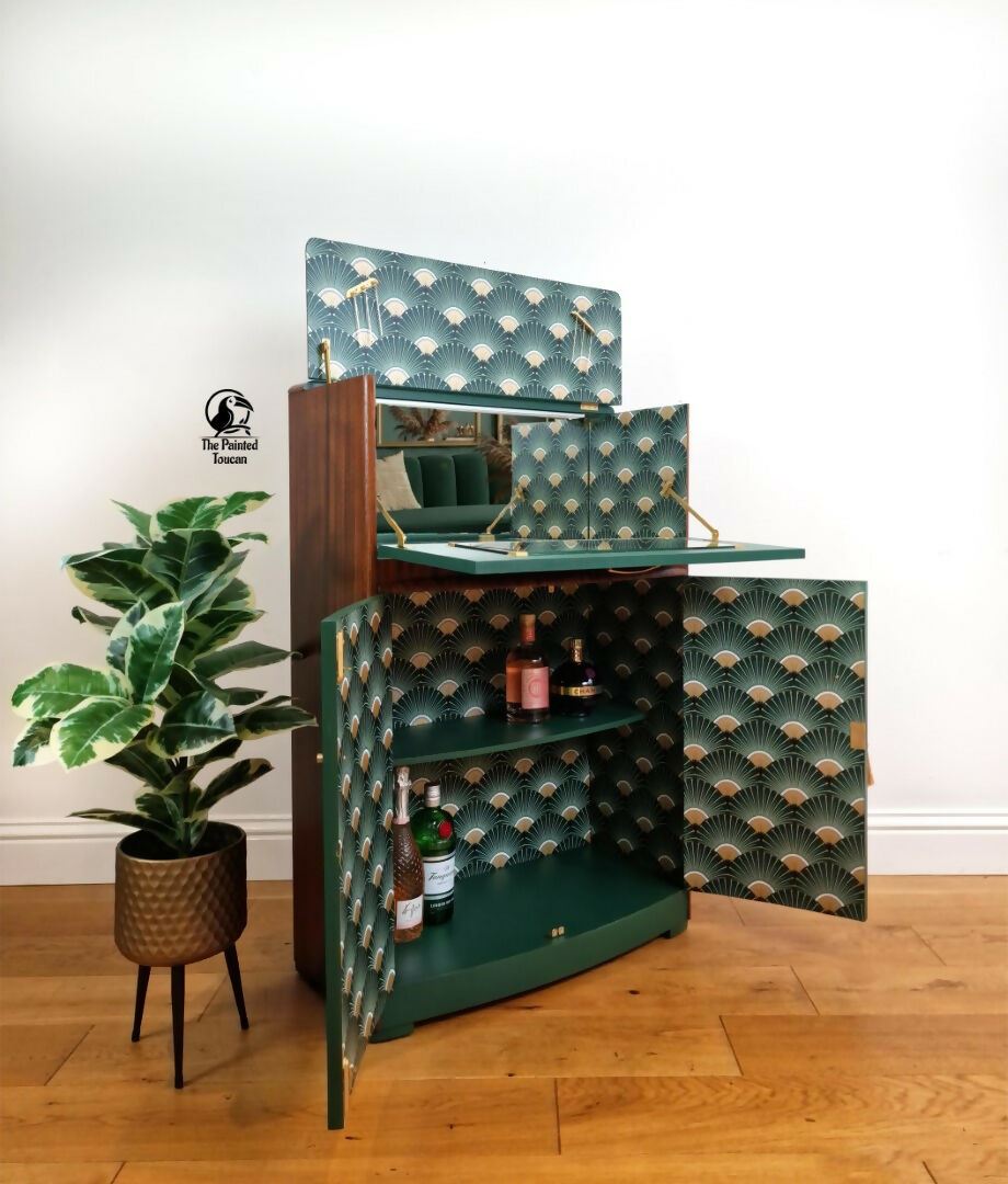 Art Deco Cocktail Cabinet | Green & Gold | Restored Vintage Drinks Cabinet