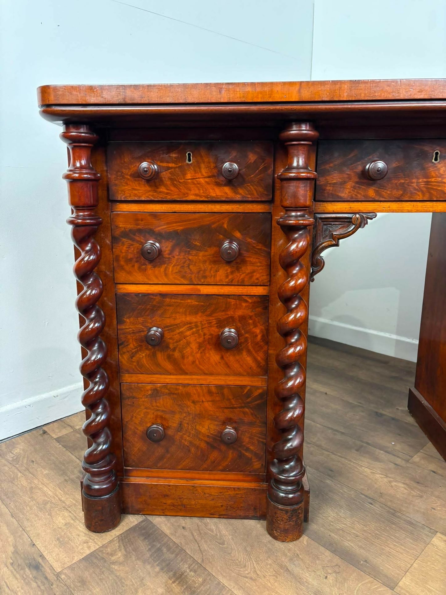 Victorian Scottish Flame Mahogany Pedestal Desk