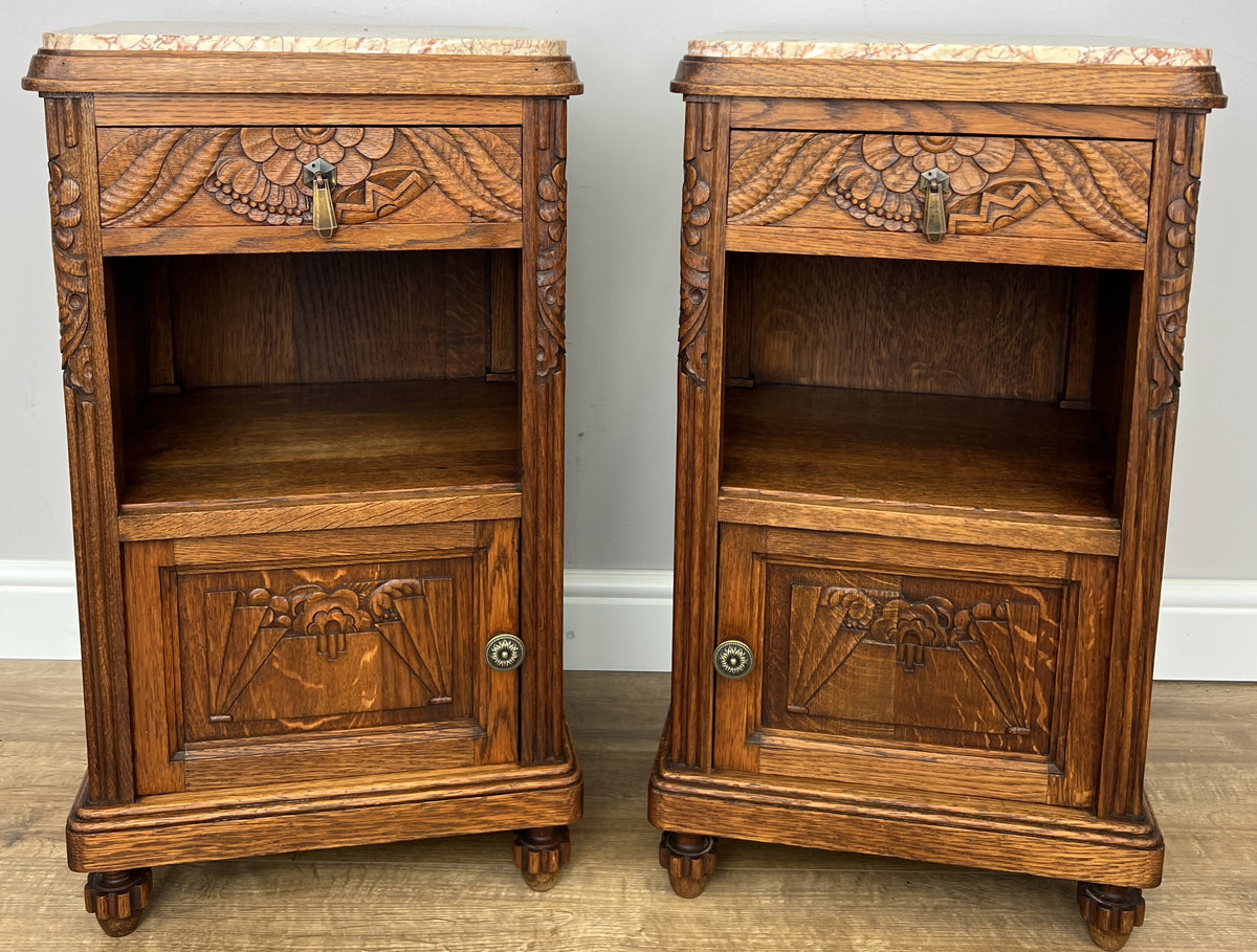 Pair of Bedside Tables Antique French Oak Carved Marble Top Cabinets LOT 6603