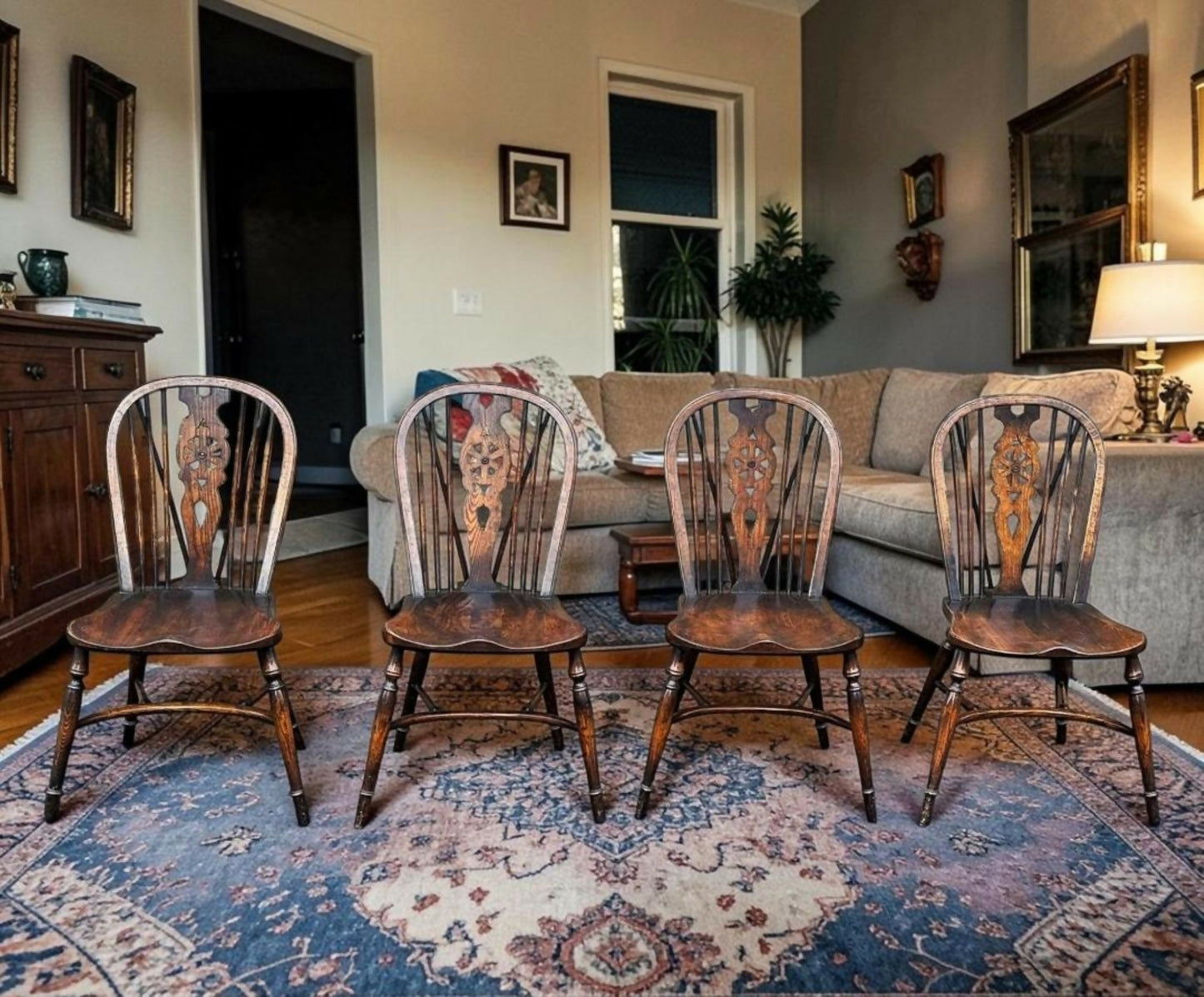 Set of Four Elm Wheel Back Windsor Chairs