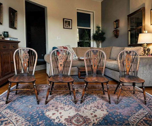 Set of Four Elm Wheel Back Windsor Chairs
