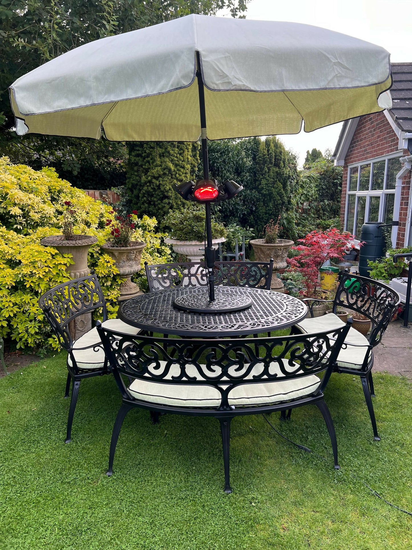Black Vintage Large Patio Set 4 Benches, Parasol and Heat Lamps