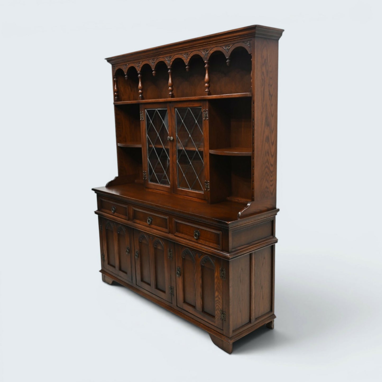Old Charm Oak Gothic Dresser In Tudor Brown Sideboard Display FREE UK Delivery