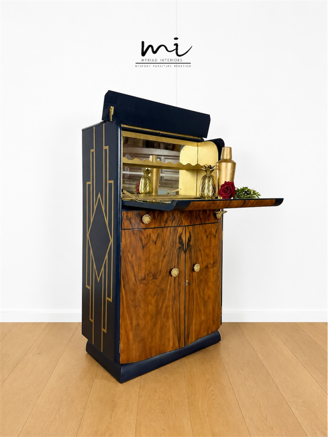 Navy Blue And Gold Art Deco Burl Walnut Cocktail Cabinet, Drinks Cabinet