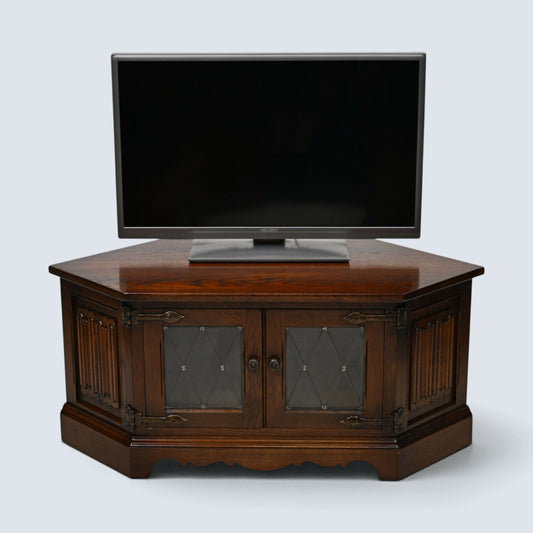 Old Charm TV Stand Linenfold Leaded Glass Doors Tudor Brown FREE UK Delivery