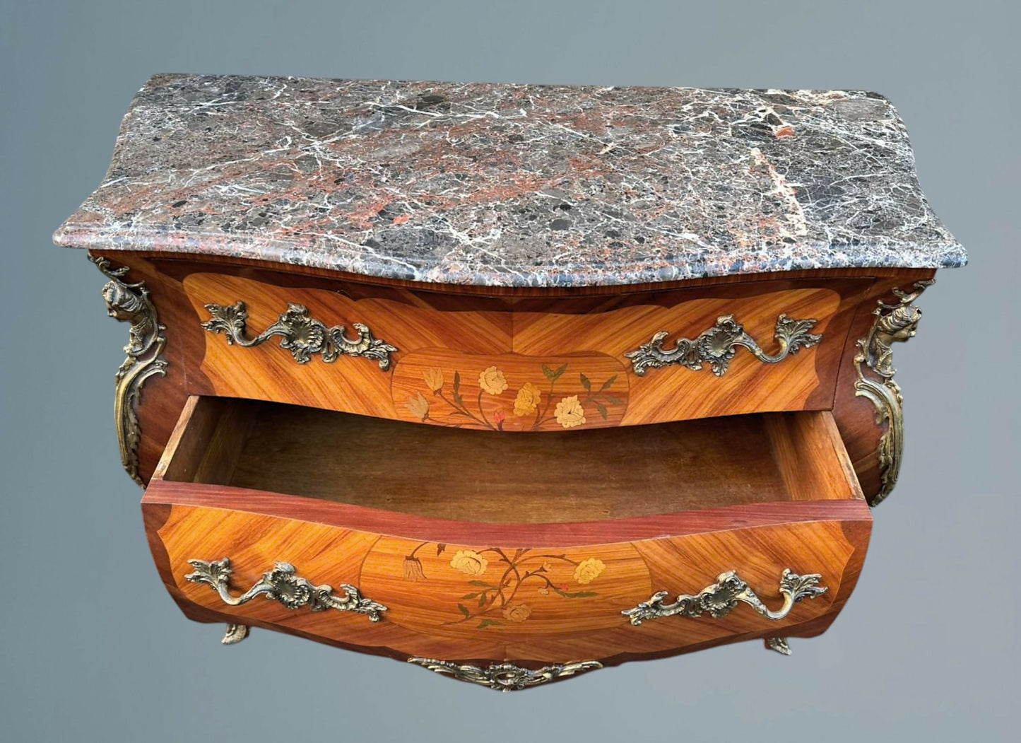 Louis XV Style French Walnut and Marquetry Inlaid Marble Top Commode