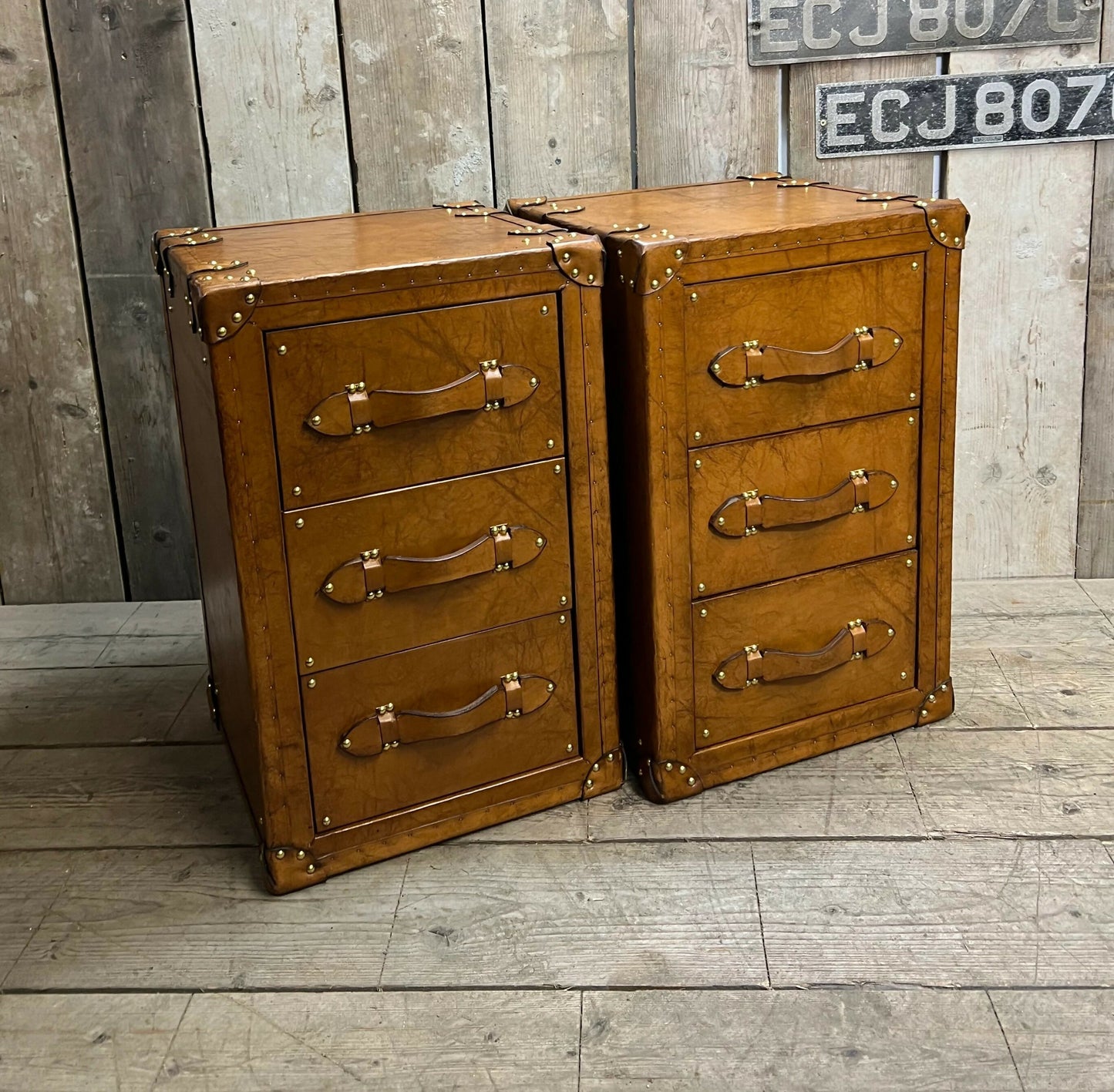 Handmade Bridle Leather Bedside Drawers | His and Hers Set, Hand Dyed in England