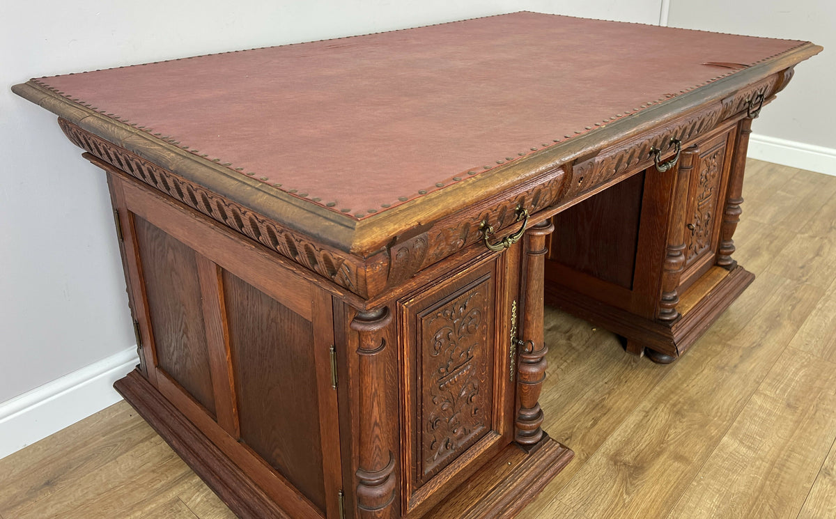 Desk Antique French Style Oak Double Sided Carved Pedestal Desk LOT 6514