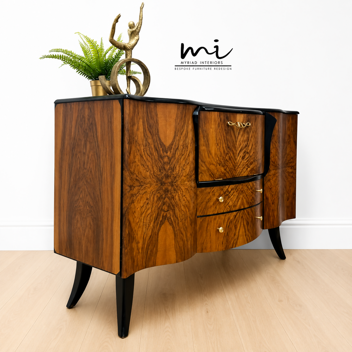 Refurbished Burr Walnut and Black Stonehill Art Deco Cocktail Cabinet, Drinks Cabinet, Vintage Sideboard, Gin Bar