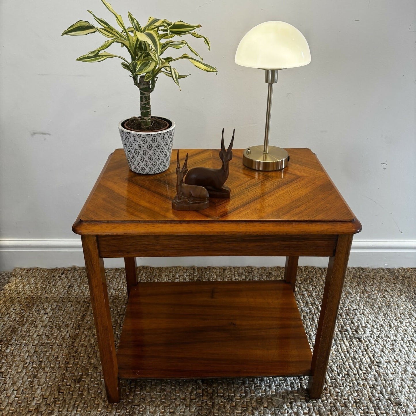Mid Century Chevron Side Table Teak Veneer Geometric Top Vintage 1960s Lamp VGC