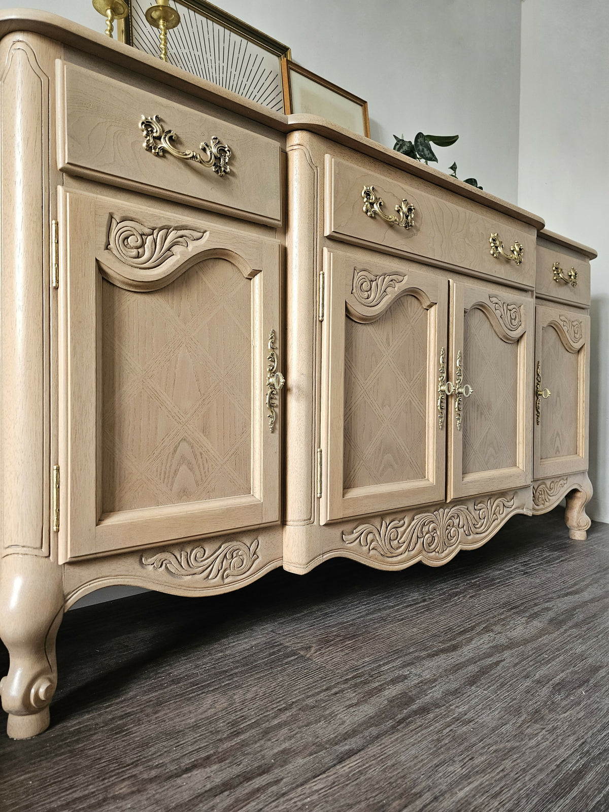 French Provincial Oak Buffet • Carved Details, Original Hardware, Satin Finish