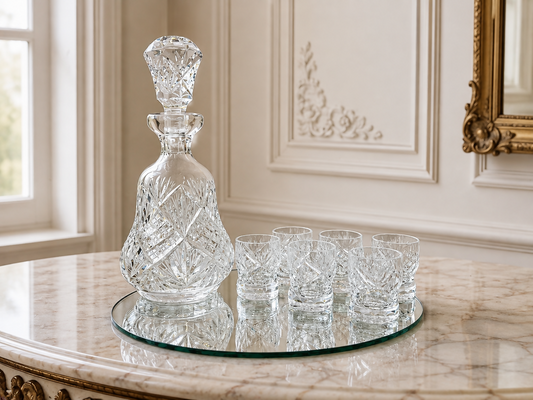 Carafe Set Vintage Style Crystal Cut 6 Shot Glasses and Tray LOT 6436