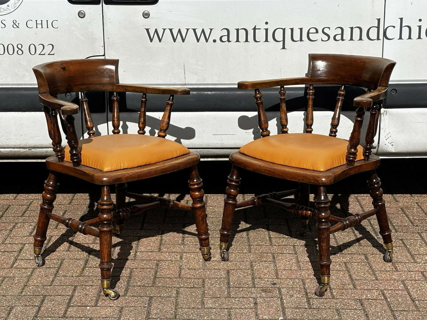 Victorian Vintage Pair Of Library Armchairs, On Brass Castors, Good Quality Examples.