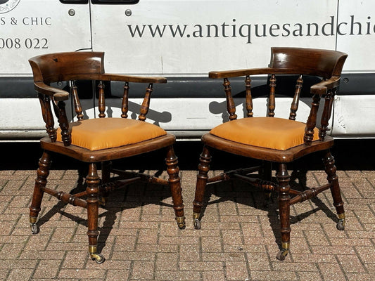 Victorian Vintage Pair Of Library Armchairs, On Brass Castors, Good Quality Examples.