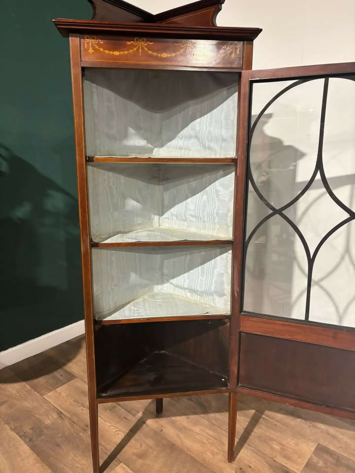 Edwardian Mahogany Inlaid Corner Display Cabinet`1