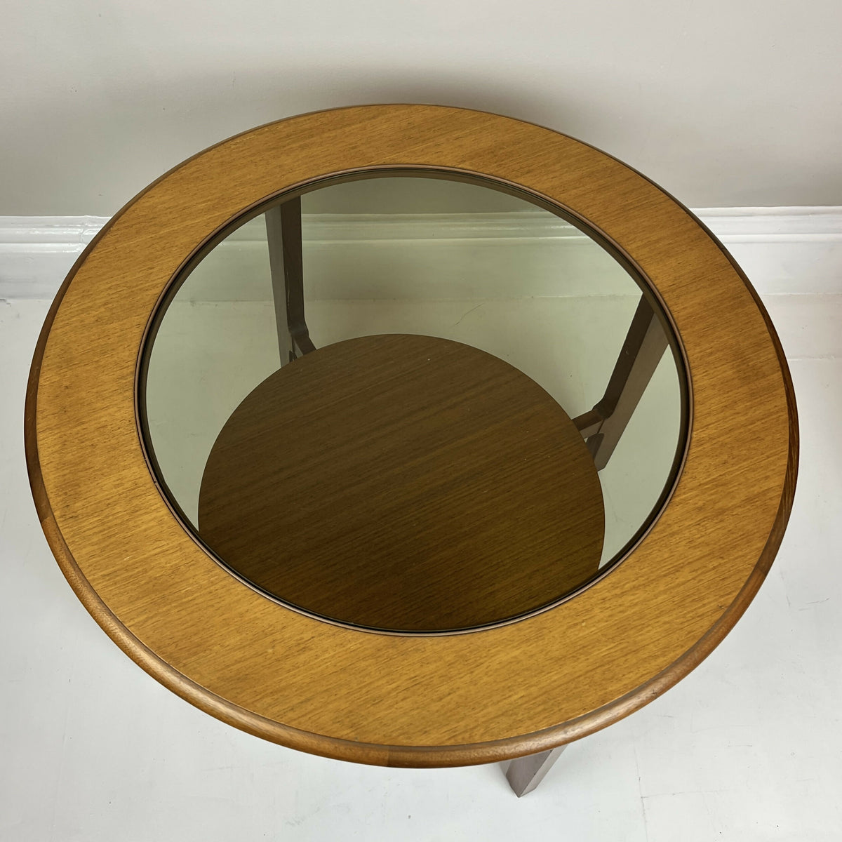 Vintage Remploy Teak Coffee Table Glass Top Round Mid Century Side Table 58.5cm