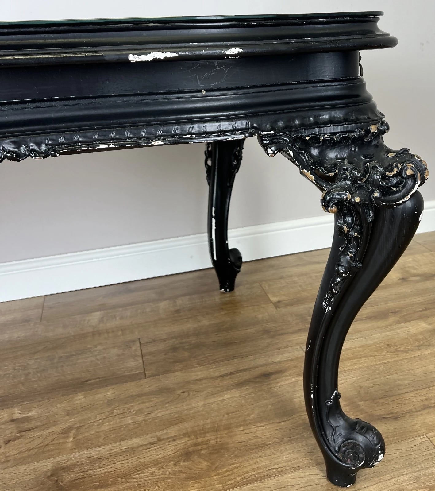 Double Sided Desk Antique French Style Black Painted Heavy Carved Table LOT 6186