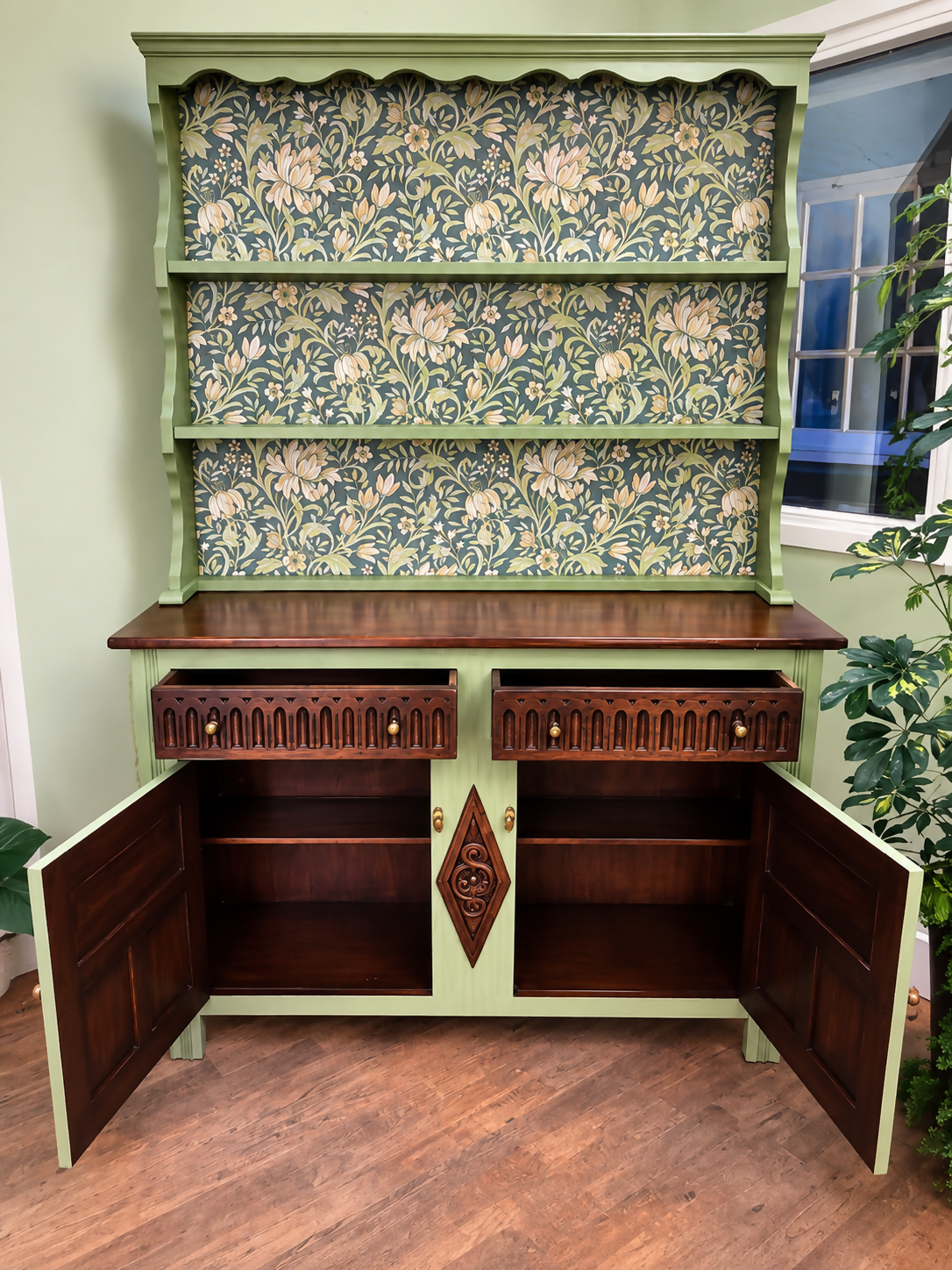 Vintage Welsh Dresser - Green, Oak & William Morris-Inspired Botanical Drinks Cabinet