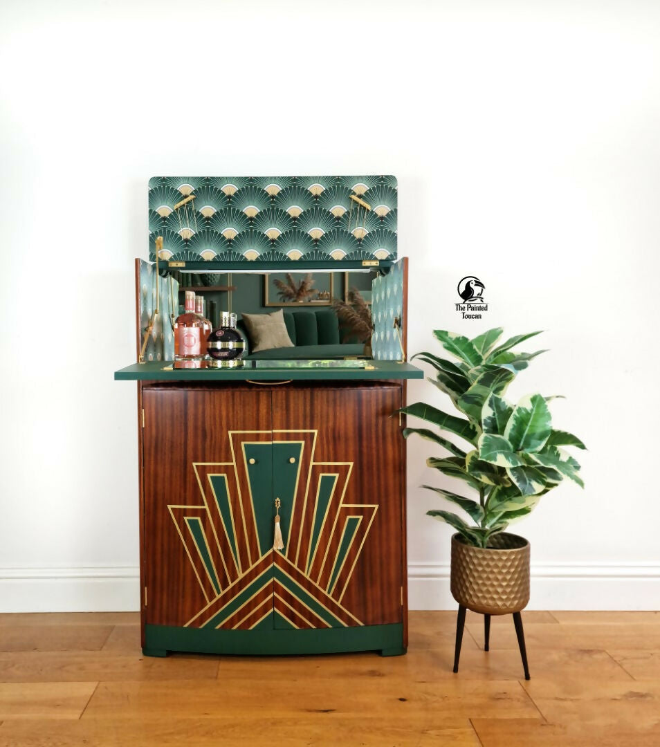 Art Deco Cocktail Cabinet | Green & Gold | Restored Vintage Drinks Cabinet