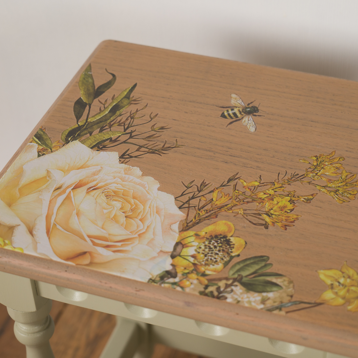 Vintage Oak Floral Nest of Three Tables | Hand Painted Upcycled Sage & Cream Nesting Tables
