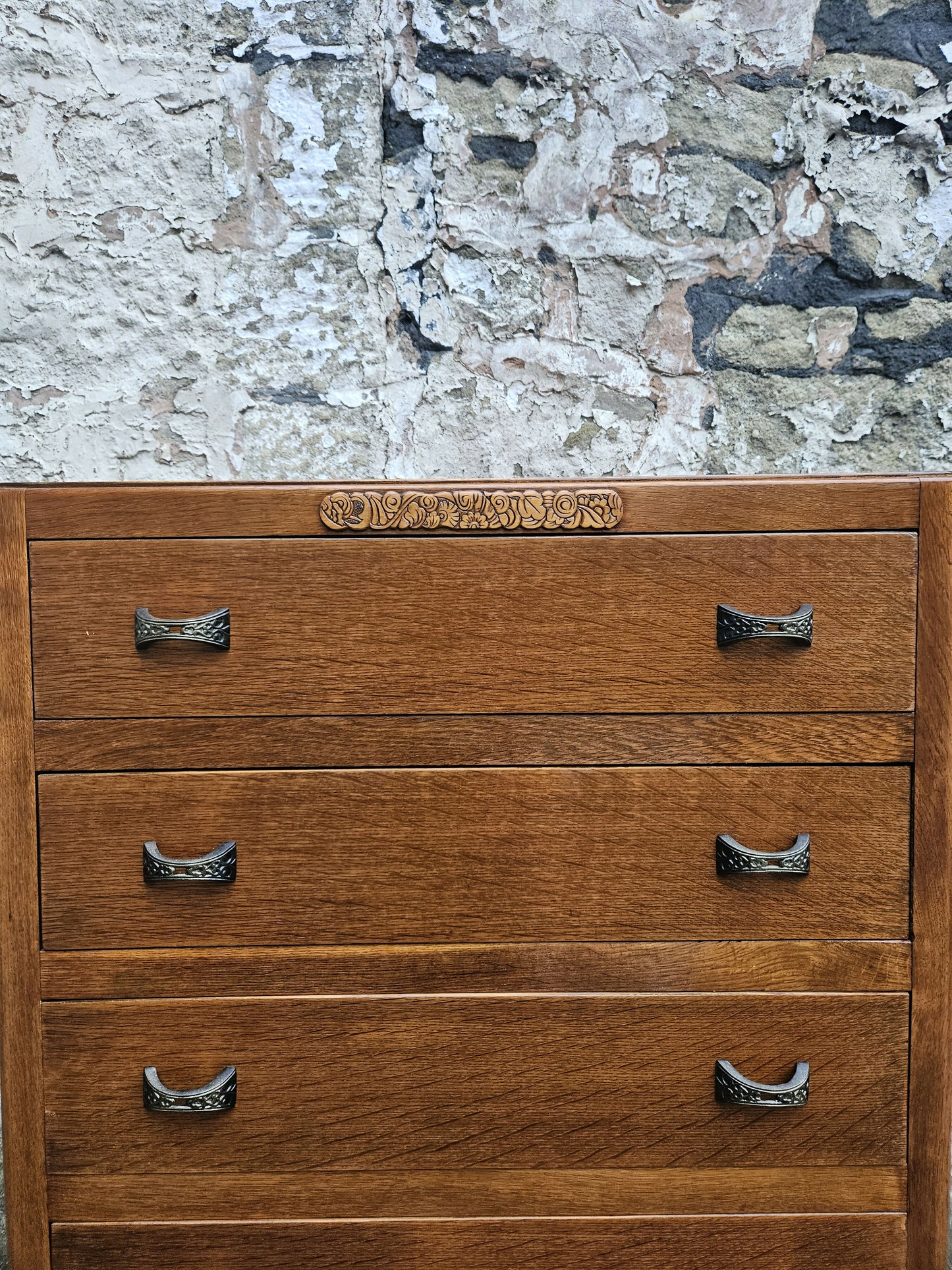 Vintage Oak Tallboy Chest of Drawers: Antique Cabinet with Detailing Five Drawer