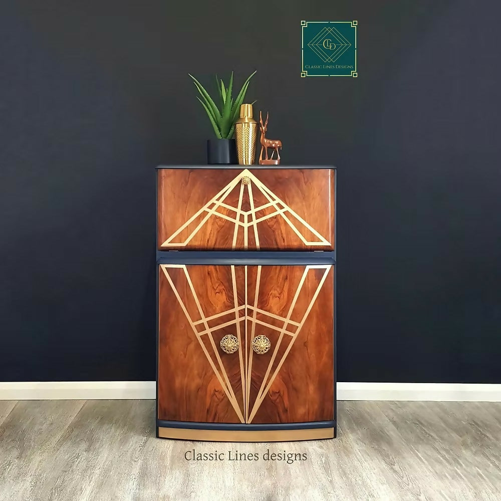 "Diamonte' Burr Walnut Cocktail Cabinet, Vintage 1950 Narrow Drinks Cocktail Cabinet