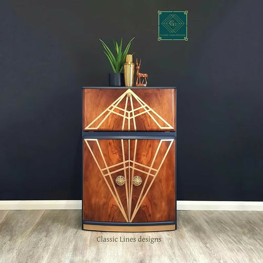 "Diamonte' Burr Walnut Cocktail Cabinet, Vintage 1950 Narrow Drinks Cocktail Cabinet