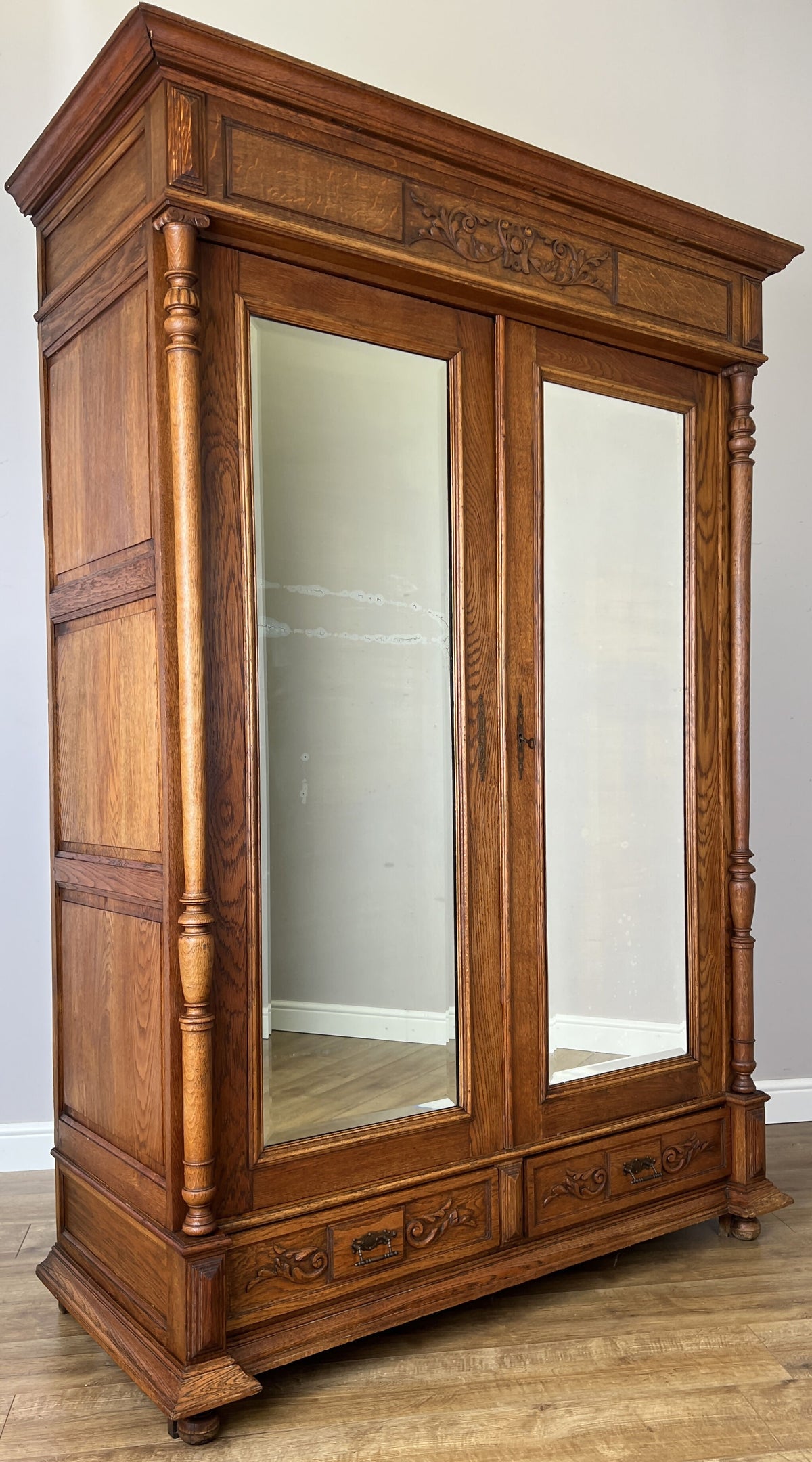Wardrobe Antique French Style Oak Mirrored Two Door Carved Armoire LOT 6544