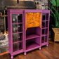 Art Deco Writing Bureau Bookcase & Drinks Cabinet - Aubergine Purple, Walnut & Glass