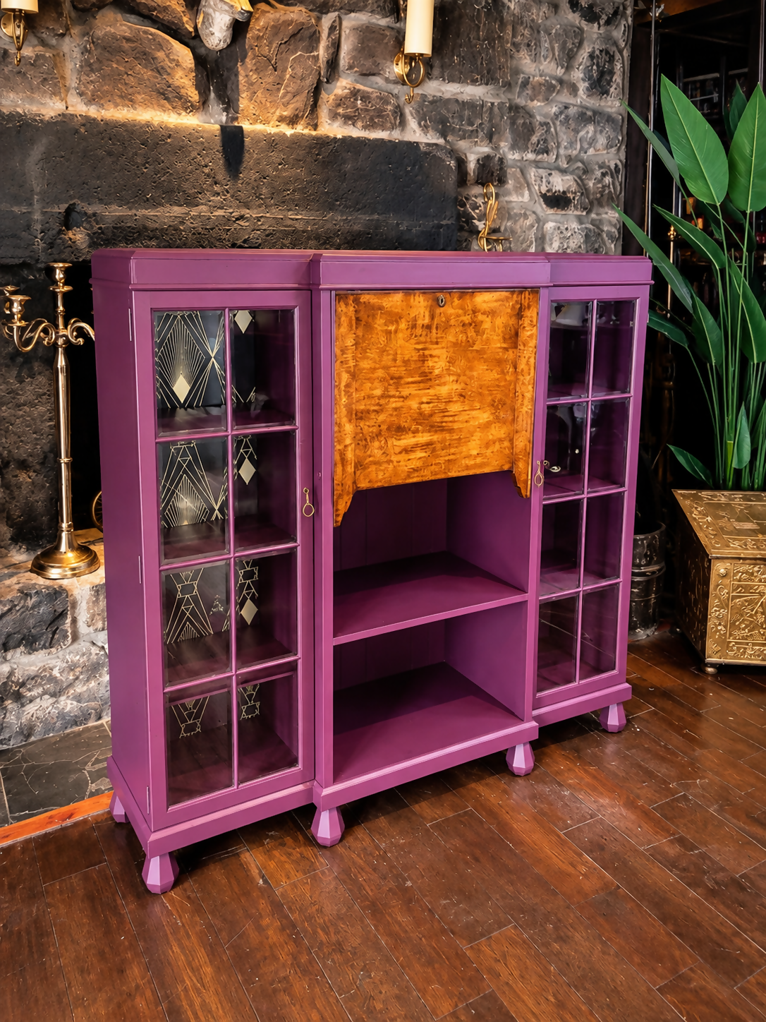 Art Deco Writing Bureau Bookcase & Drinks Cabinet - Aubergine Purple, Walnut & Glass