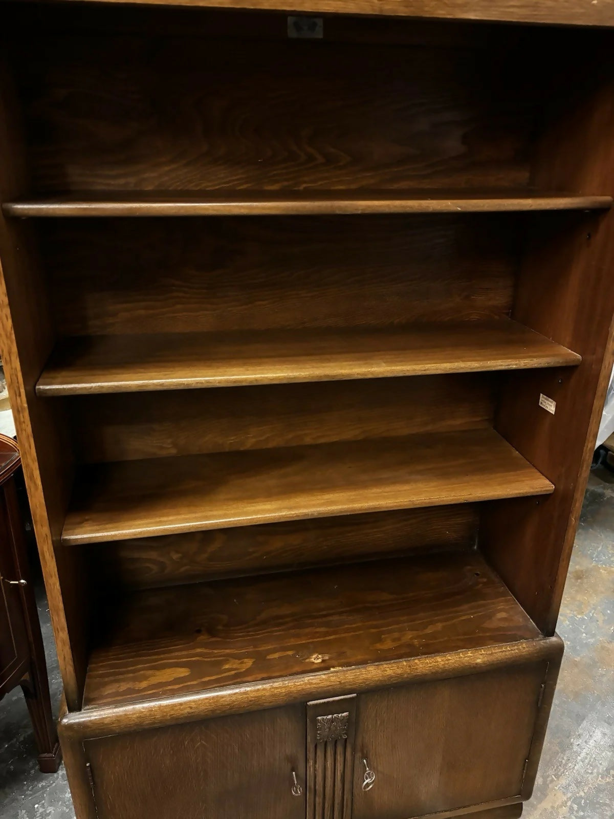 Vintage Oak Bookcase , Adjustable Shelves, With Keys For Bottom Cupboards.