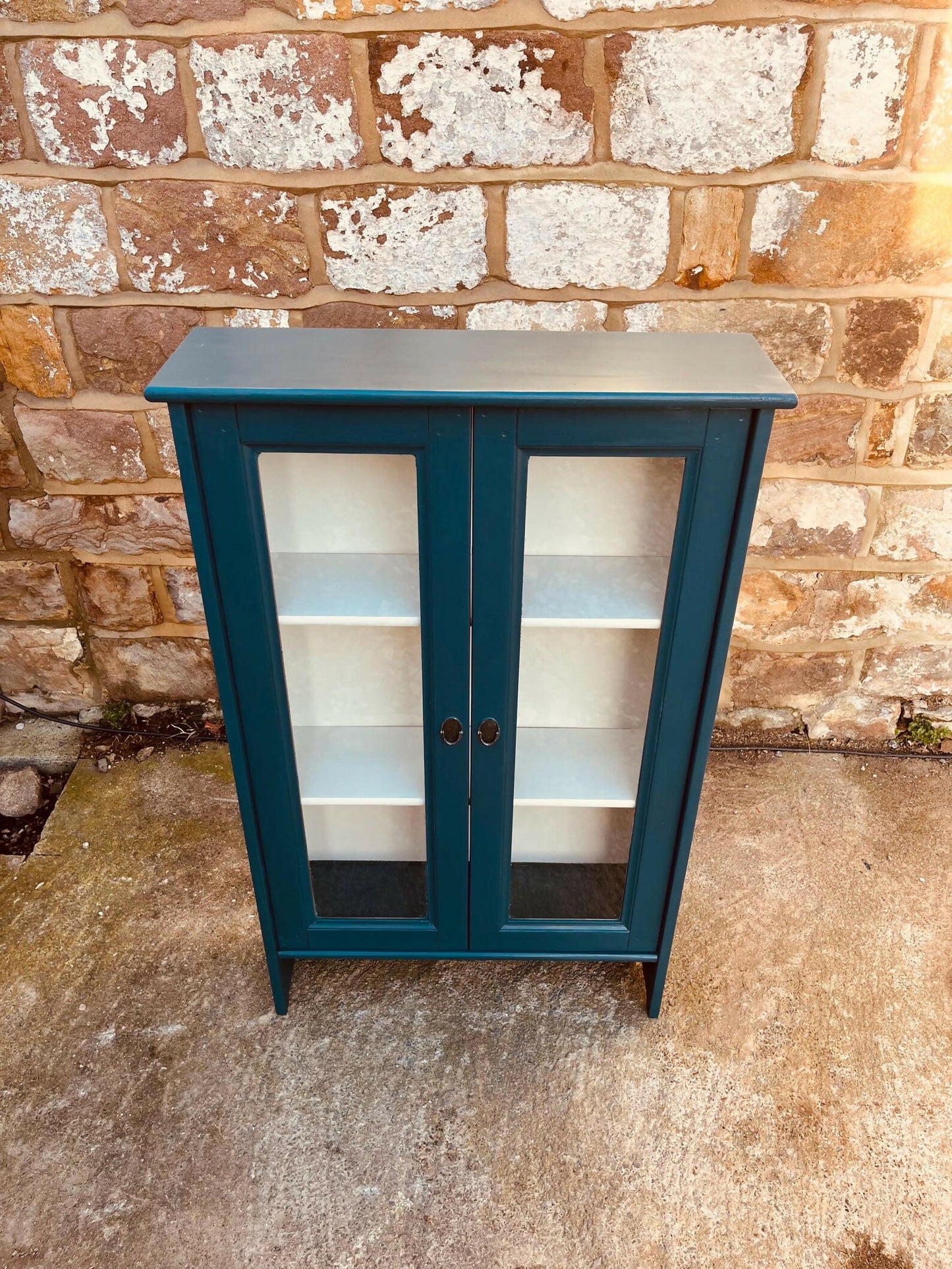 Vintage Glazed Display Cabinet | Hand Painted Teal Green Cupboard | Upcycled Wooden Bookcase | Cottage Kitchen Storage