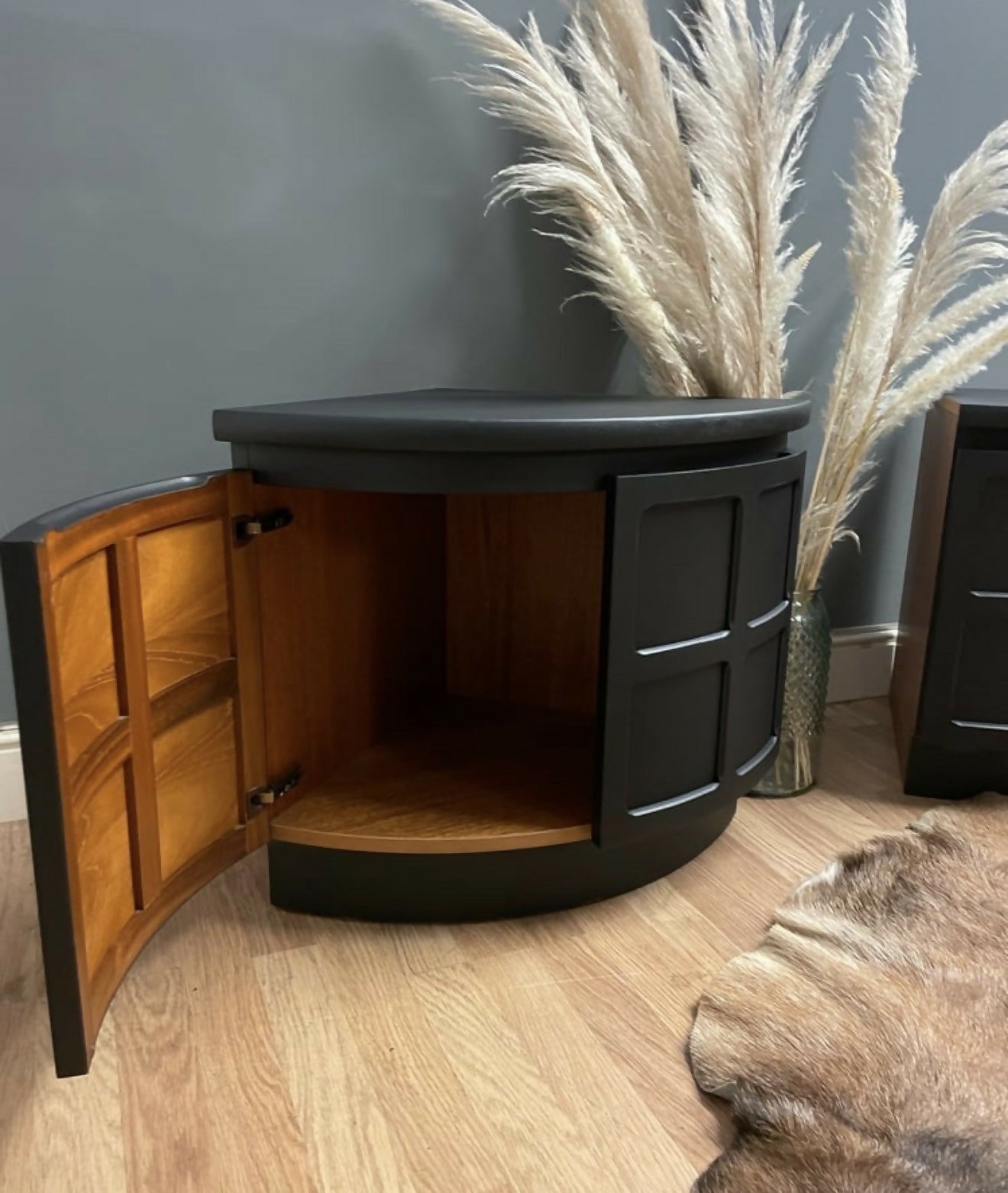Stunning pro spray painted black Nathan teak corner cupboards bedside tables