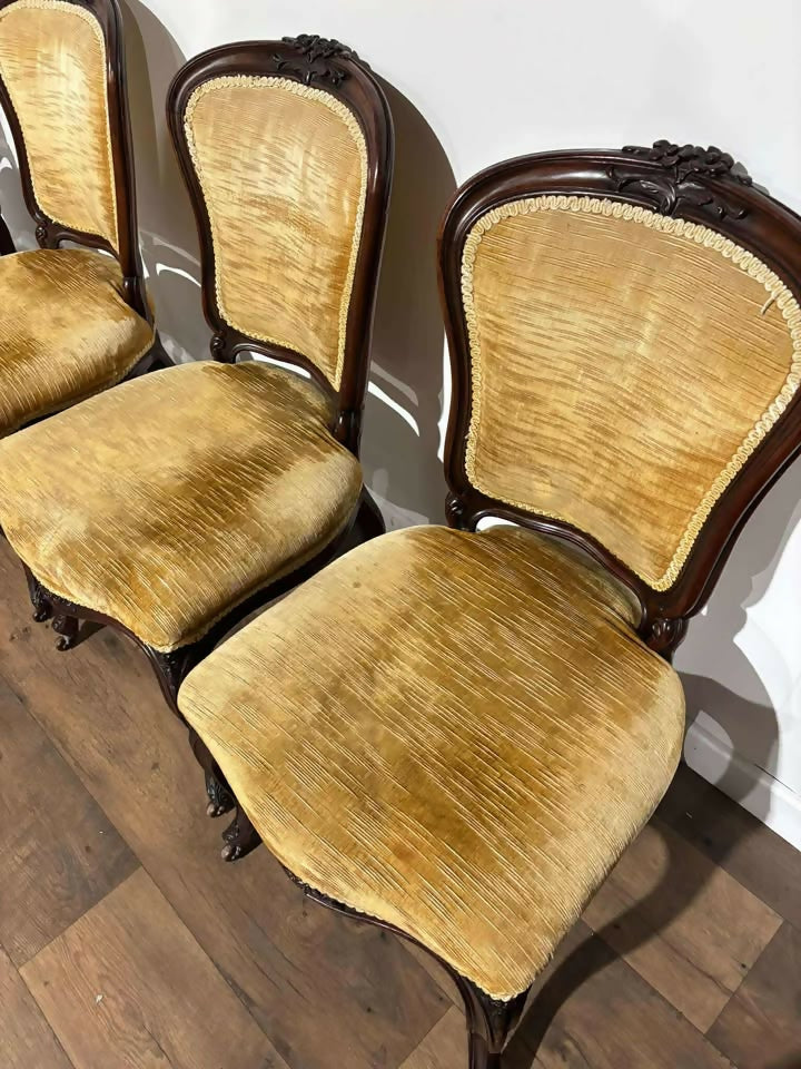 Vintage Set Of Six French Mahogany Framed Dining Chairs