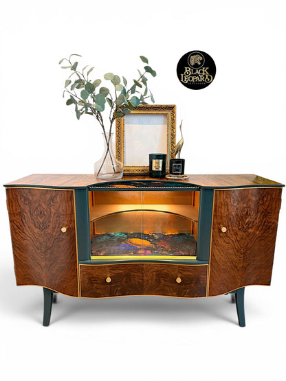 Luxury Art Deco Sideboard | Green Floral Solid Wood | Vintage Refurbished Bespoke Furniture
